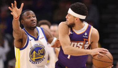 Jonathan Kuminga #00 of the Golden State Warriors defends against Devin Booker #1 of the Phoenix Su...