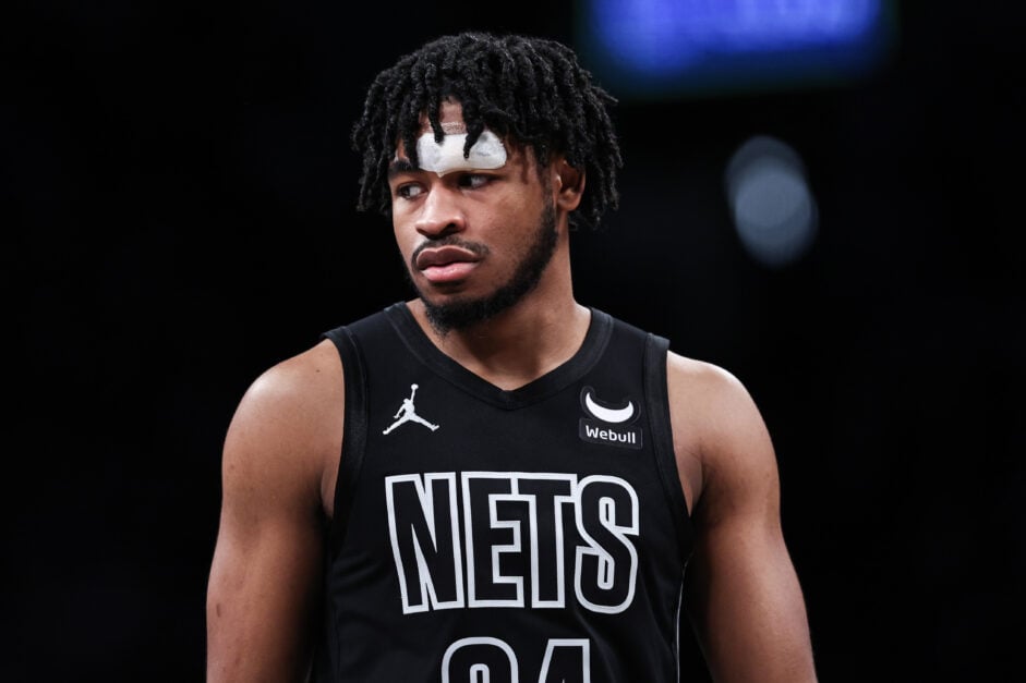 Cam Thomas #24 of the Brooklyn Nets looks on during the second quarter of the game against the Portland Trail Blazers at Barclays Center.