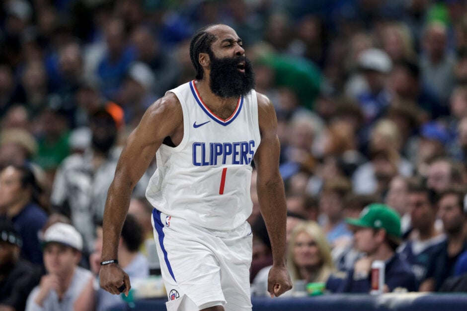 James Harden #1 of the Los Angeles Clippers reacts after a three-point basket in the first half against the Dallas Mavericks during game four of the Western Conference First Round Playoffs at American Airlines Center.