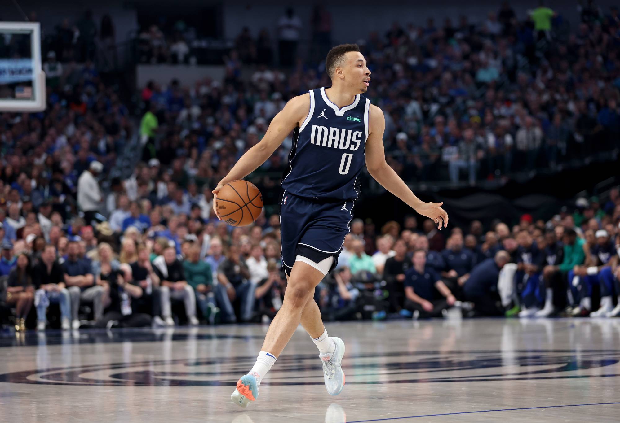 DALLAS, TEXAS - MAY 13: Dante Exum #0 of the Dallas Mavericks dribbles the ball against the Oklahoma City Thunder in Game Four of the Western Conference Second Round Playoffs at American Airlines Center on May 11, 2024 in Dallas, Texas. NOTE TO USER: User expressly acknowledges and agrees that, by downloading and or using this photograph, User is consenting to the terms and conditions of the Getty Images License Agreement. (Photo by Tim Heitman/Getty Images)