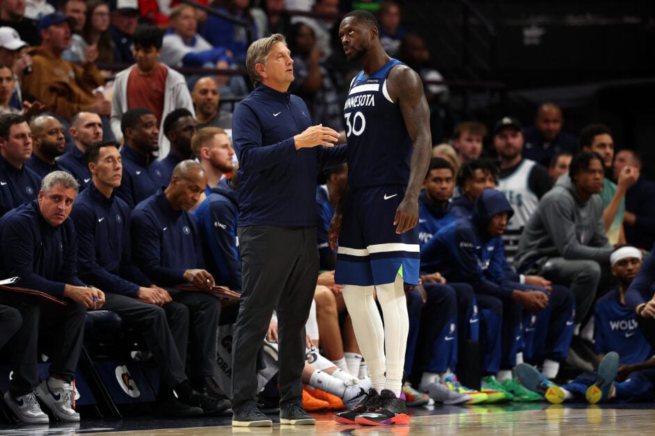 Head coach Chris Finch talks to Julius Randle #30 of the Minnesota Timberwolves in the third quarter of the home opener against the Toronto Raptors at Target Center.