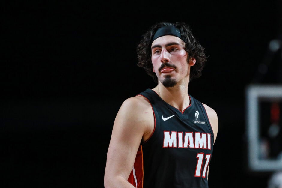 Jaime Jaquez Jr. #11 of the Miami Heat gestures during the second quarter during the game between Miami Heat against Washington Wizards at Arena Ciudad de Mexico on November 02, 2024 in Mexico City, Mexico.