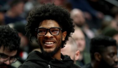 Scoot Henderson #00 of the Portland Trail Blazers looks on against the Utah Jazz