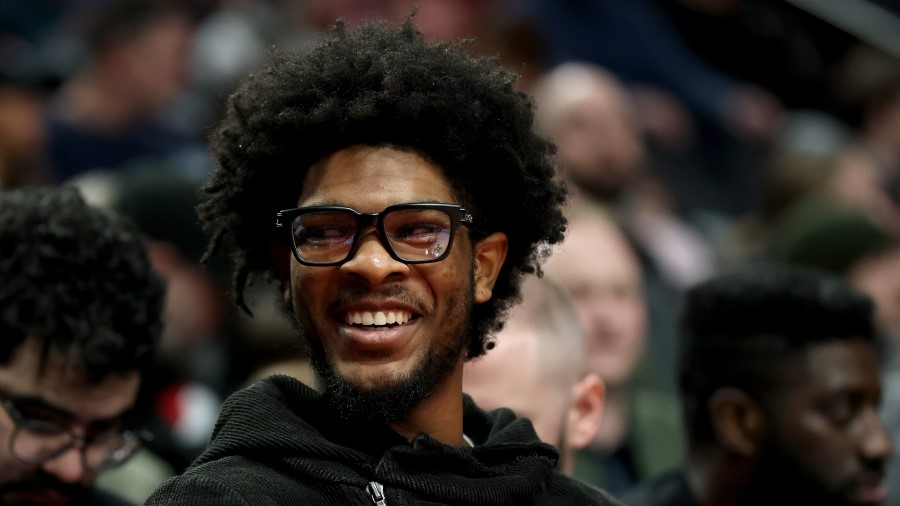 Scoot Henderson #00 of the Portland Trail Blazers looks on against the Utah Jazz