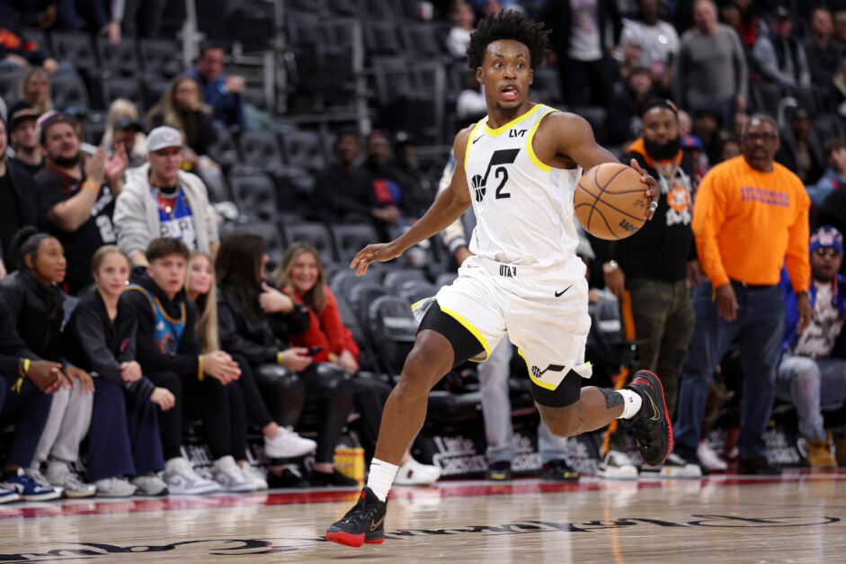 Collin Sexton #2 of the Utah Jazz dribbles the ball during the fourth quarter of a game against the Detroit Pistons at Little Caesars Arena.