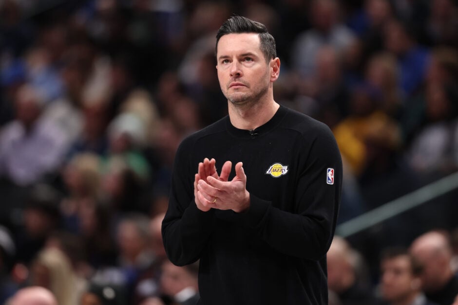 Head coach JJ Redick of the Los Angeles Lakers clapping