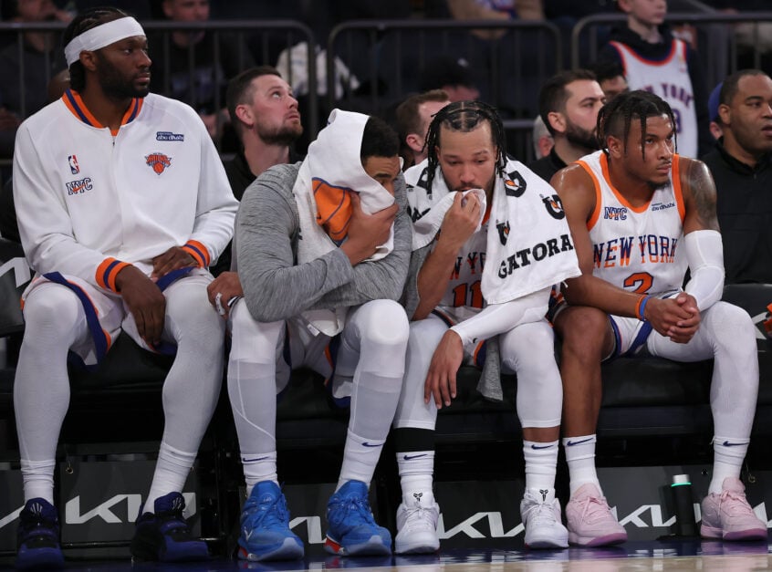 Precious Achiuwa #5, Karl-Anthony Towns #32, Jalen Brunson #11 and Miles McBride #2 of the New York Knicks react on the bench during the fourth quarter against the Oklahoma City Thunder at Madison Square Garden on January 10, 2025 in New York City. The Oklahoma City Thunder defeated the New York Knicks 126-101.