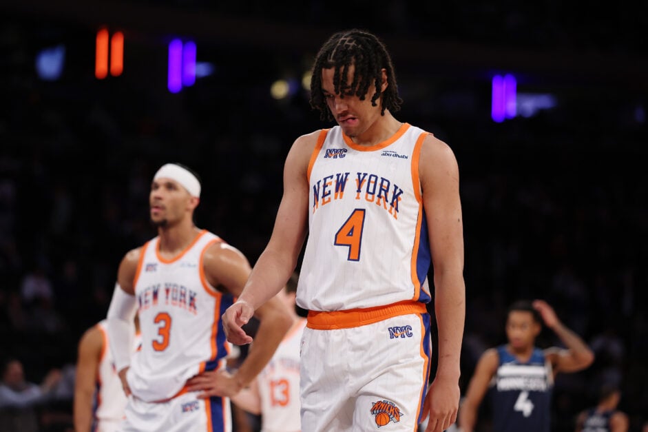 Pacome Dadiet #4 of the New York Knicks in action during the game against the Minnesota Timberwolves at Madison Square Garden on January 17, 2025 in New York City. The Timberwolves won 116-99.