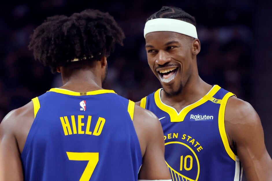 Jimmy Butler (10) celebrates with Buddy Hield (7) after he hit a desperation shot and got the foul call in the second quarter as the Golden State Warriors played the Dallas Mavericks at Chase Center.