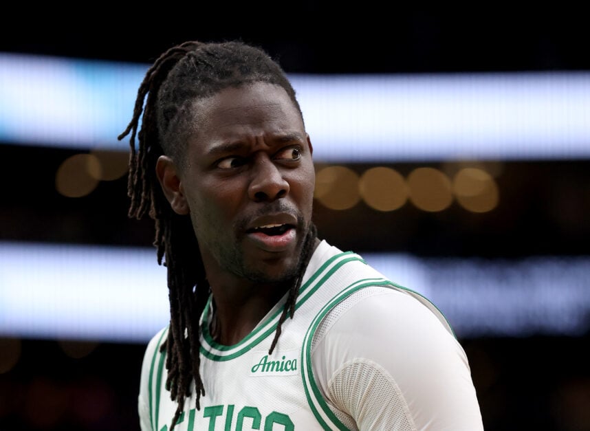 Boston Celtics guard Jrue Holiday angrily looks back during a game vs the Los Angeles Lakers.