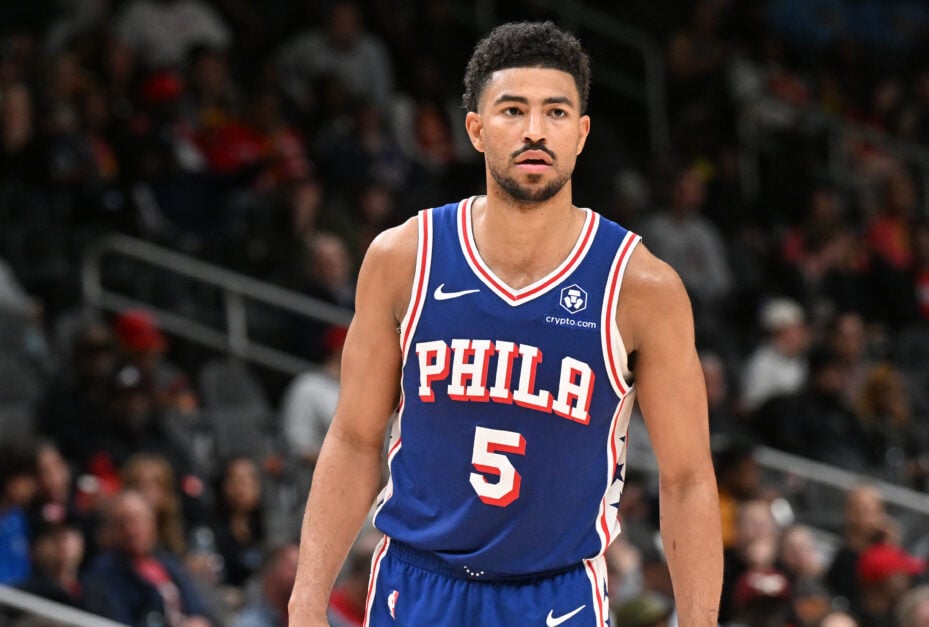 Quentin Grimes #5 of the Philadelphia 76ers looks on during the game against the Atlanta Hawks during the fourth quarter at State Farm Arena on March 10, 2025 in Atlanta, Georgia.