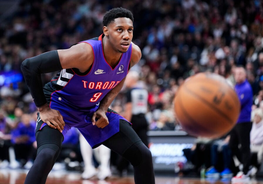 RJ Barrett #9 of Toronto Raptors looks on against the Portland Trail Blazers.