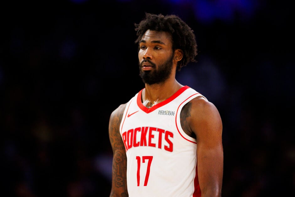 Tari Eason #17 of the Houston Rockets looks on during the second half against the Los Angeles Lakers at Crypto.com Arena on March 31, 2025 in Los Angeles, California.