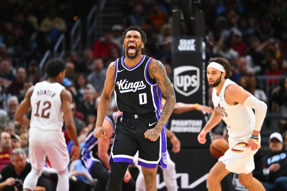 Malik Monk celebrates scoring for Sacramento Kings vs Cavaliers