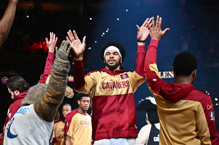 Jarrett Allen #31 of the Cleveland Cavaliers celebrates during player introductions prior to the game against the Sacramento Kings at Rocket Arena on April 06, 2025 in Cleveland, Ohio.