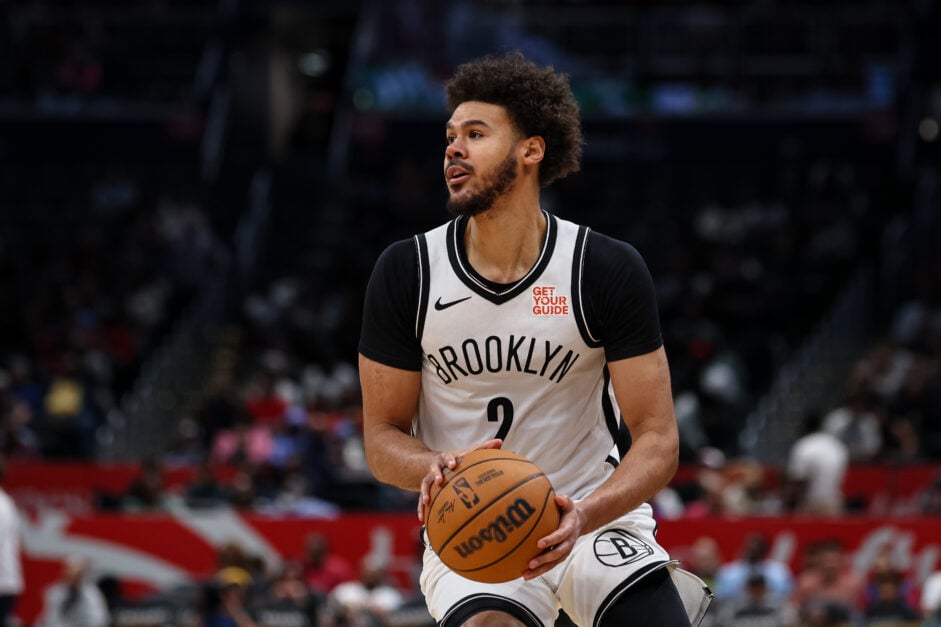 Cameron Johnson #2 of the Brooklyn Nets handles the ball against the Washington Wizards during the second half at Capital One Arena.