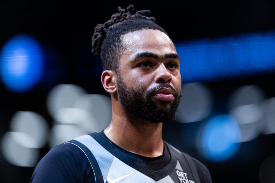 D'Angelo Russell #1 of the Brooklyn Nets looks on during the first quarter of the game against the Minnesota Timberwolves.
