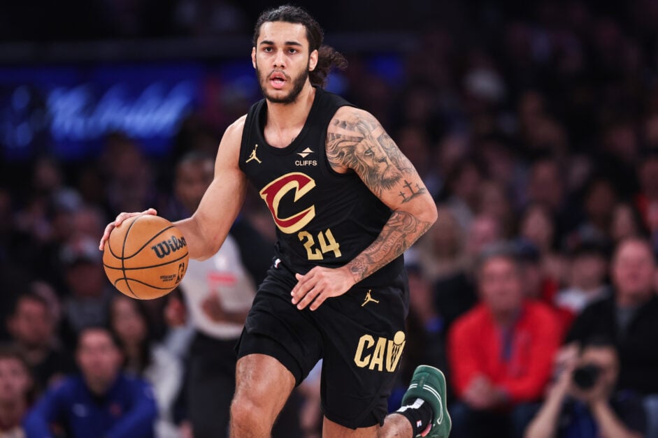 Jaylon Tyson #24 of the Cleveland Cavaliers brings the ball up the court during the first quarter of the game against the New York Knicks.