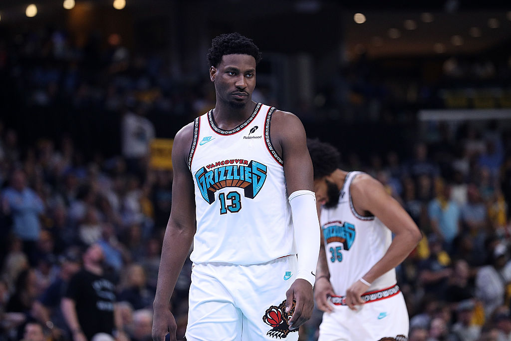 MEMPHIS, TENNESSEE - APRIL 18: Jaren Jackson Jr. #13 of the Memphis Grizzlies looks on against the Dallas Mavericks during the game of the Play-In Tournament at FedExForum on April 18, 2025 in Memphis, Tennessee. NOTE TO USER: User expressly acknowledges and agrees that, by downloading and or using this photograph, User is consenting to the terms and conditions of the Getty Images License Agreement. (Photo by Justin Ford/Getty Images)