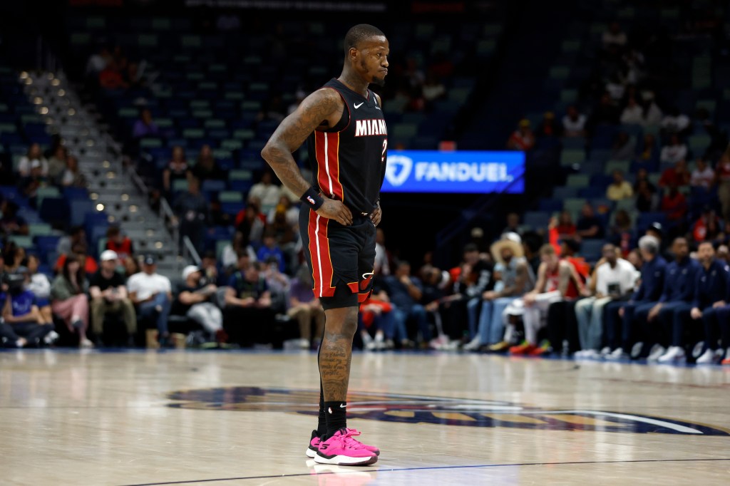 Terry Rozier #2 of the Miami Heat walks backcourt during the first half of a game against the New Orleans Pelicans at Smoothie King Center on April 11, 2025 in New Orleans, Louisiana. 