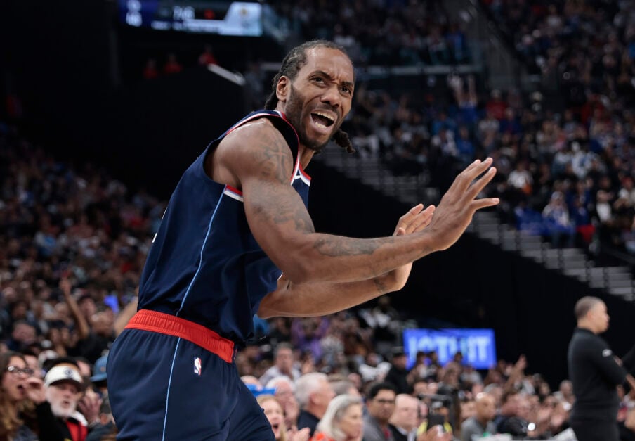 Leonard #2 of the Los Angeles Clippers reacts against the Denver Nuggets during the second quarter in Game Three of the Western Conference First Round NBA Playoffs.