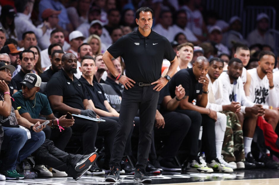 Miami Heat head coach Erik Spoelstra looks on from the sideline