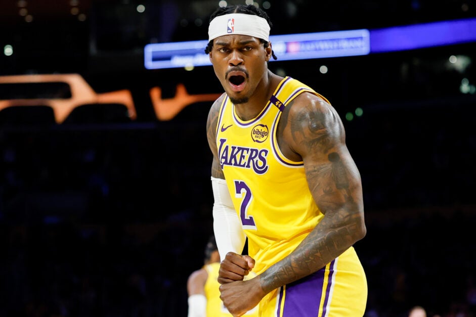 Los Angeles Lakers forward Jarred Vanderbilt celebrates after a play during the 2025 Playoffs series against the Minnesota Timberwolves.