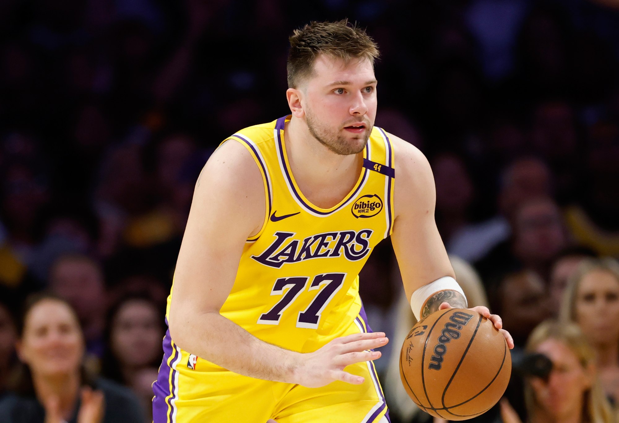 LOS ANGELES, CALIFORNIA - APRIL 30: Luka Doncic #77 of the Los Angeles Lakers dribbles during a 103-96 loss to the Minnesota Timberwolves in Game Five of the Western Conference First Round NBA Playoffs at Crypto.com Arena on April 30, 2025 in Los Angeles, California.  NOTE TO USER: User expressly acknowledges and agrees that, by downloading and or using this photograph, User is consenting to the terms and conditions of the Getty Images License Agreement. (Photo by Harry How/Getty Images)