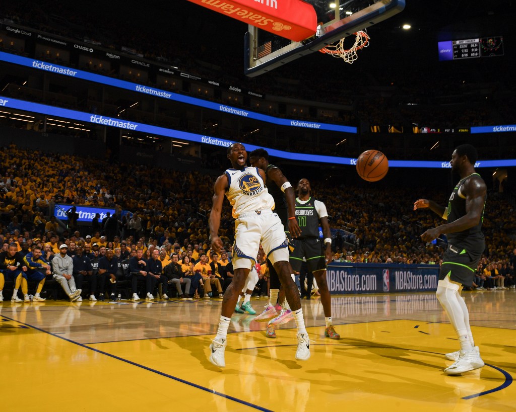 Jonathan Kuminga #00 of the Golden State Warriors celebrates during the game against the Minnesota Timberwolves during Round 2 Game 3 of the 2025 NBA Playoffs on May 10, 2025 at Chase Center in San Francisco, California. 