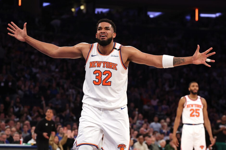 Karl-Anthony Towns #32 of the New York Knicks reacts against the Boston Celtics during the second quarter in Game Three of the Eastern Conference Second Round NBA Playoffs at Madison Square Garden.