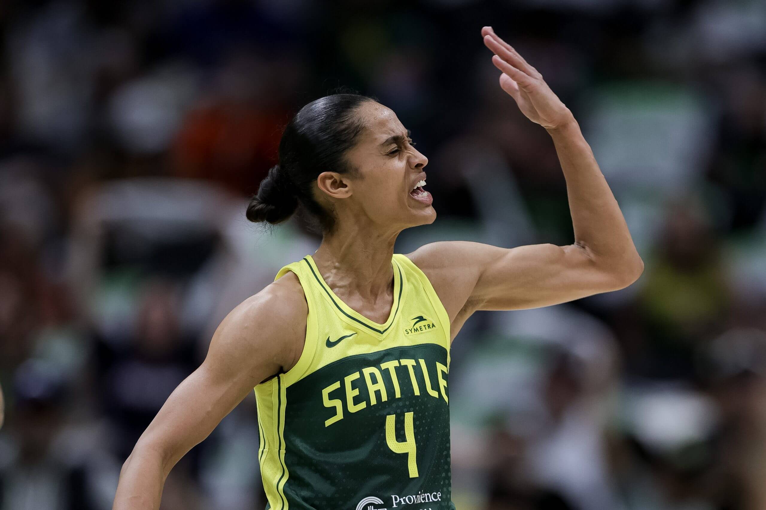 Storm guard Skylar Diggins reacts to a play. 