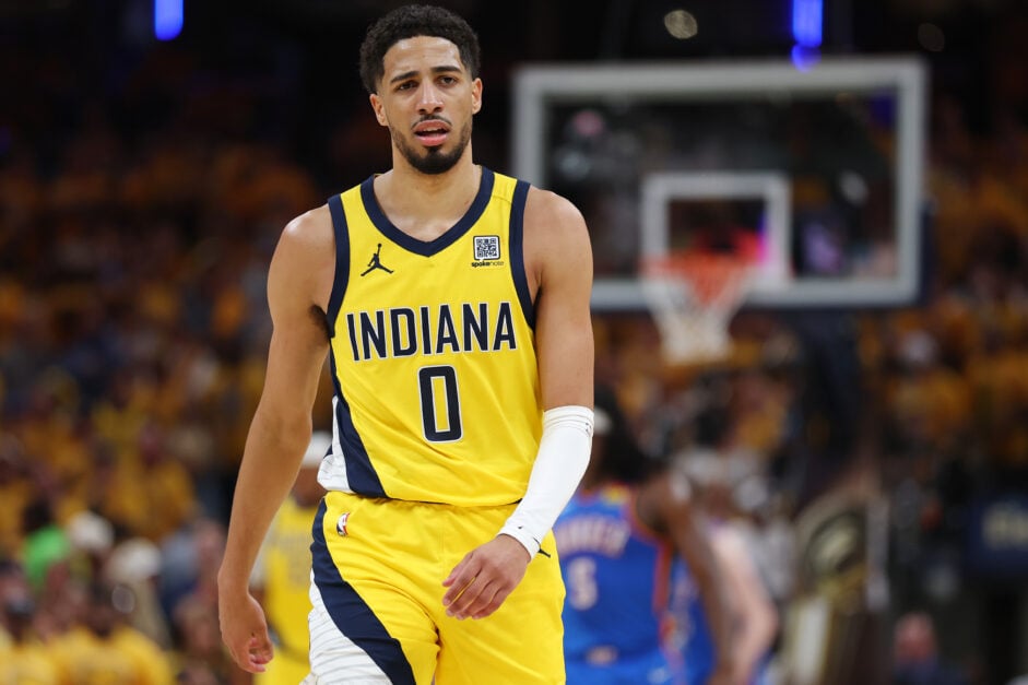 Tyrese Haliburton #0 of the Indiana Pacers reacts during the third quarter against the Oklahoma City Thunder in Game Four of the 2025 NBA Finals