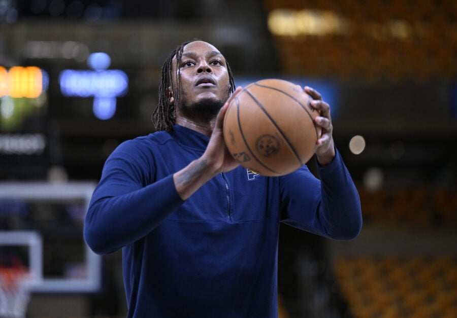 Myles Turner of Pacers warms up before the NBA Finals game 6 between Indiana Pacers and Oklahoma City Thunder at Gainbridge Fieldhouse.