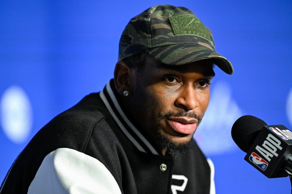 Shai Gilgeous-Alexander of Thunder speaks at a press conference after NBA Finals game 6 between Indiana Pacers and Oklahoma City Thunder at Gainbridge Fieldhouse.