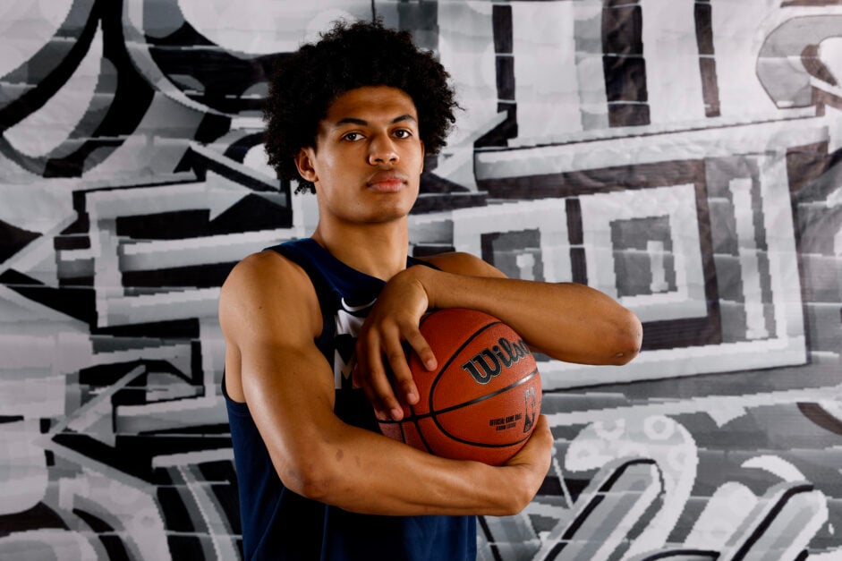 Joan Beringer #19 of the Minnesota Timberwolves poses for a portrait during the 2025 NBA Rookie Photo Shoot at UNLV on July 15, 2025 in Las Vegas.