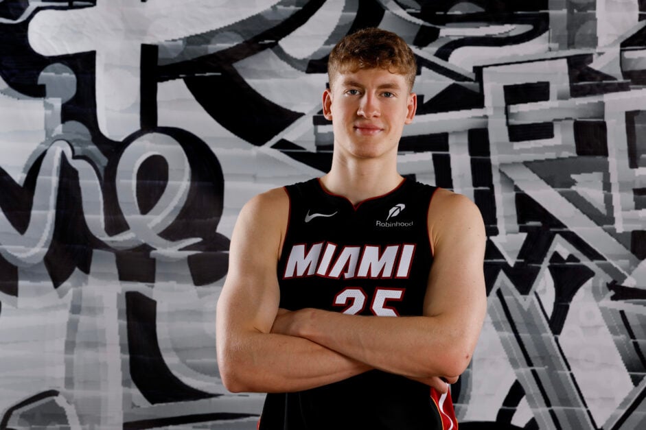 Kasparas Jakucionis #25 of the Miami Heat poses for a portrait during the 2025 NBA Rookie Photo Shoot at UNLV on July 15, 2025 in Las Vegas, Nevada.