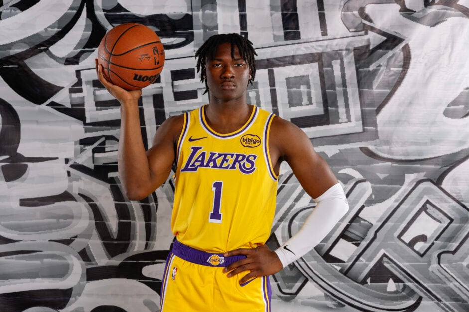 Adou Thiero #1 of the Los Angeles Lakers poses for a portrait during the 2025 NBA Rookie Photo Shoot at UNLV on July 16, 2025 in Las Vegas, Nevada.