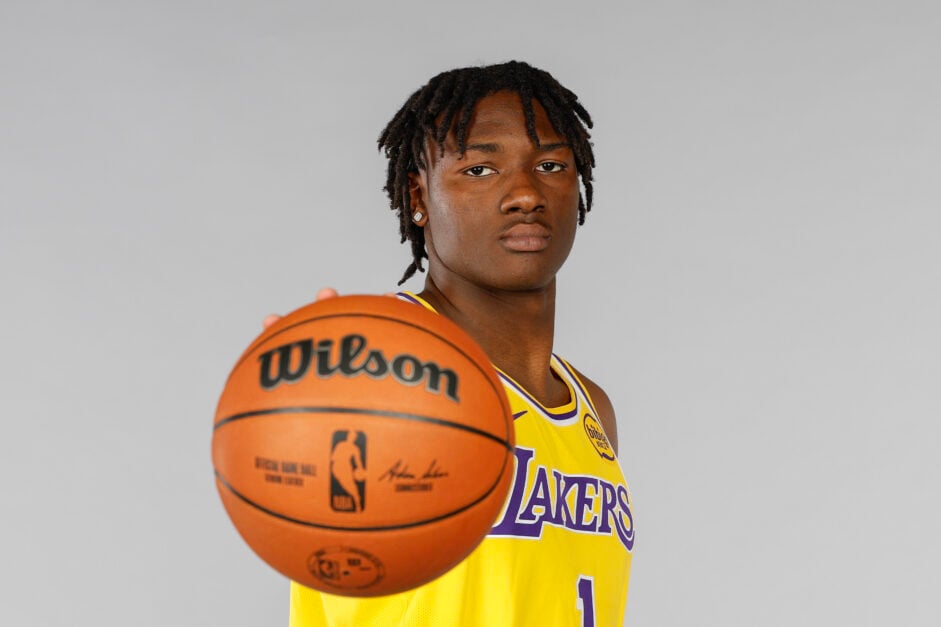Adou Thiero #1 of the Los Angeles Lakers poses for a portrait during the 2025 NBA Rookie Photo Shoot.