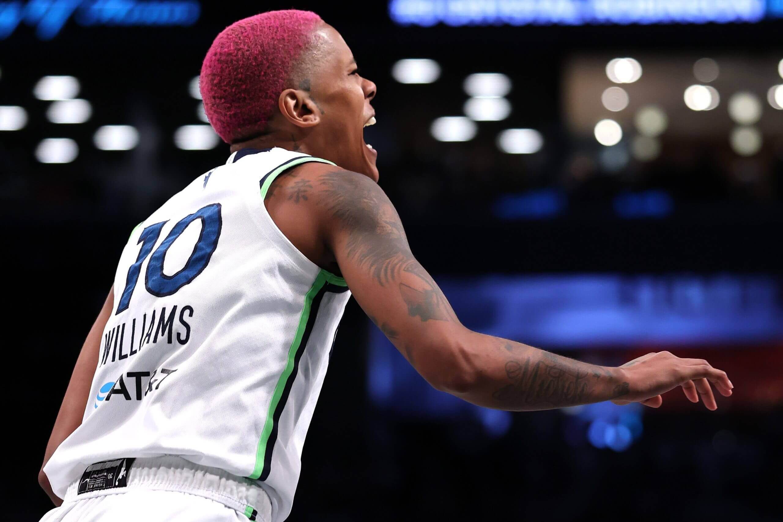 Minnesota guard Courtney Williams yells out in a game against the Liberty.