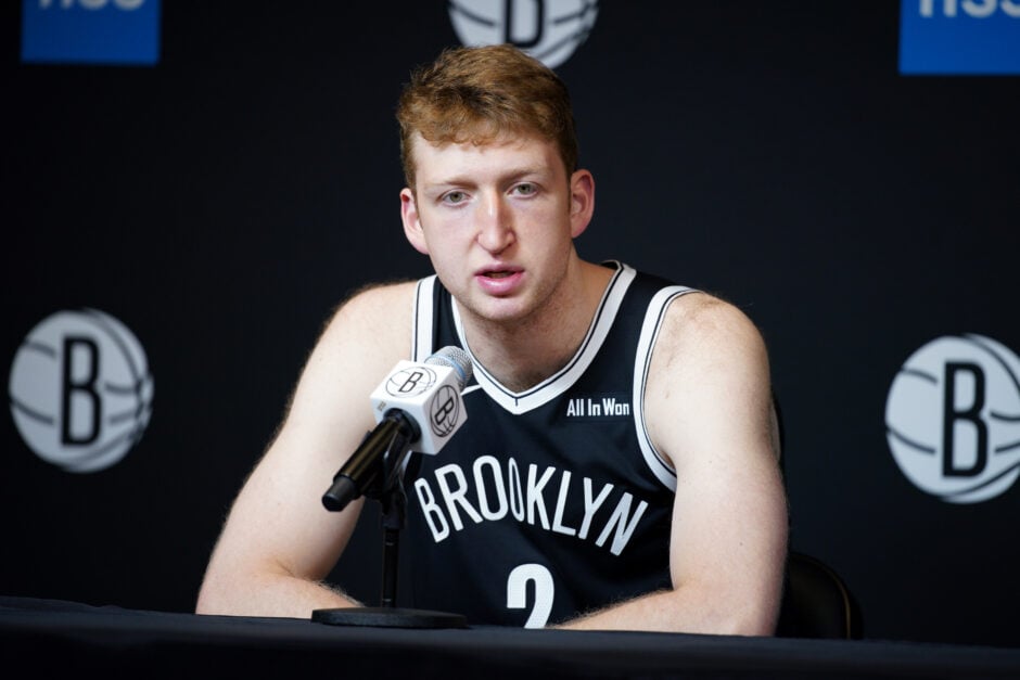 Danny Wolf #2 of the Brooklyn nets speaks to the media during Brooklyn Nets Media Day at Brooklyn Nets HSS Training Center.