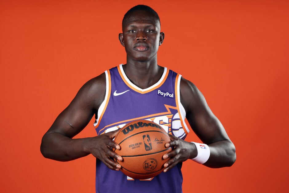 Khaman Maluach #10 of the Phoenix Suns poses for a portrait during Suns Media Day at PHX Arena on September 24, 2025 in Phoenix, Arizona. NOTE TO USER: User expressly acknowledges and agrees that, by downloading and or using this photograph, User is consenting to the terms and conditions of the Getty Images License Agreement.