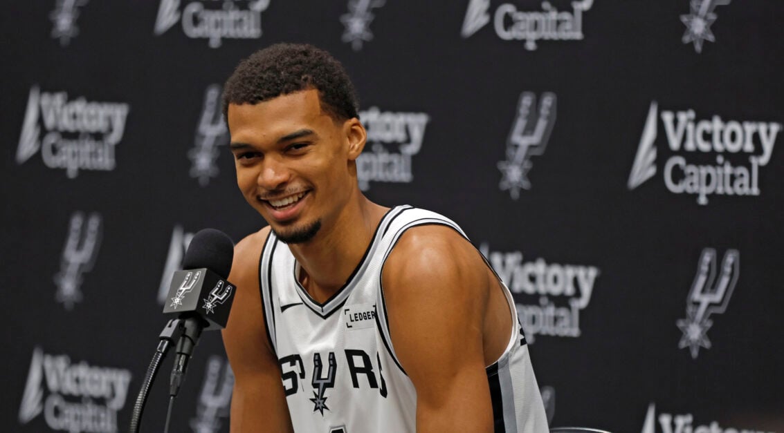 Victor Wembanyama #1 of the San Antonio Spurs speaks to the media at San Antonio Spurs Media Day at Victory Capital Performance Center.