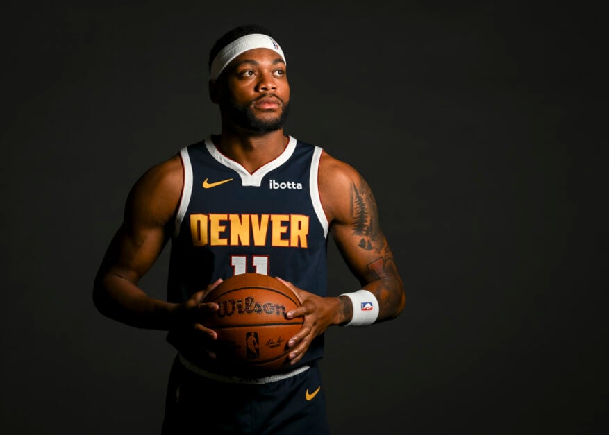 Bruce Brown (11) of the Denver Nuggets poses for a portrait during the team's media day at Ball Arena.