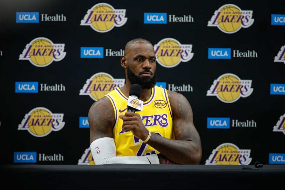 Los Angeles Lakers forward LeBron James (23) speaks at a press conference during Los Angeles Lakers media day