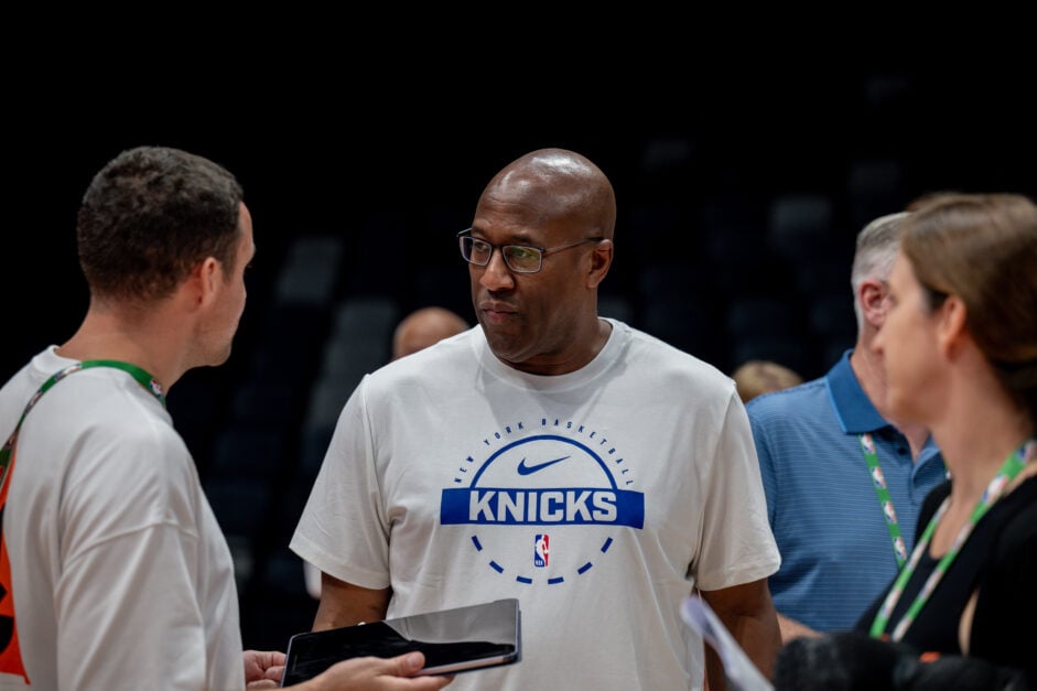Head Coach Mike Brown of the New York Knicks (C) attends the practice session