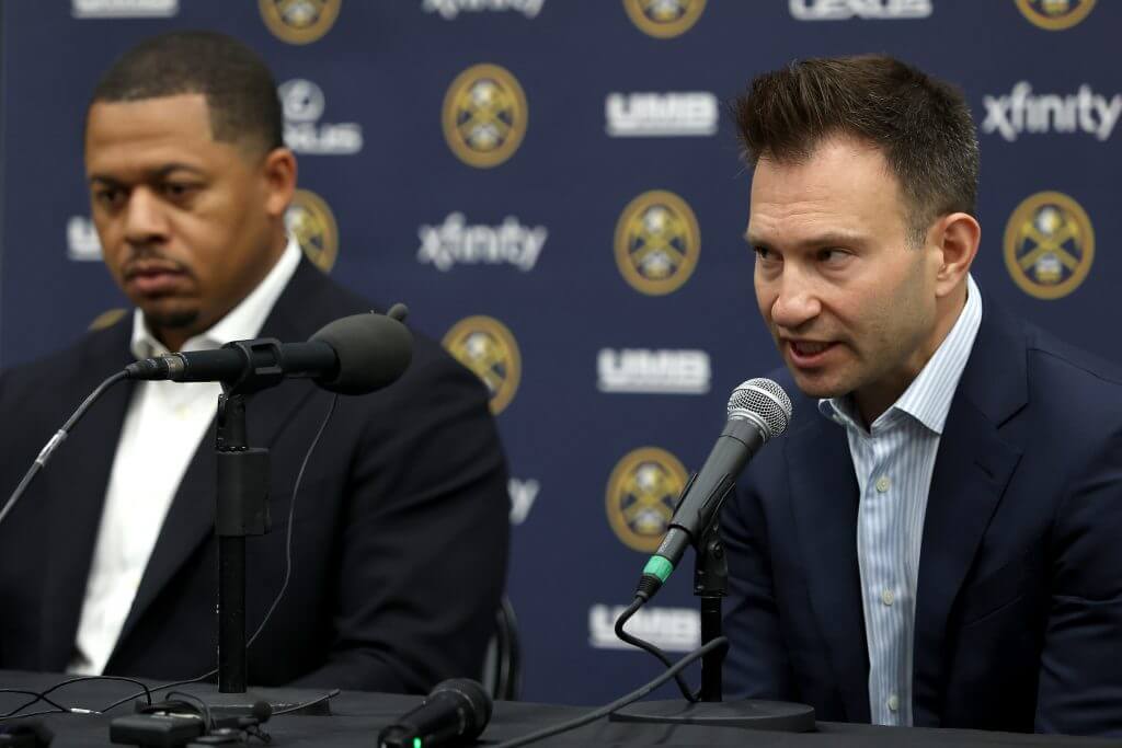 DENVER, COLORADO - SEPTEMBER 29: Ben Tenzer, Denver Nuggets EVP of Basketball Operations, and Jonathan Wallace, EVP of Player Personnel, field questions during Media Day at Ball Arena on September 29, 2025 in Denver, Colorado. (Photo by Matthew Stockman/Getty Images)