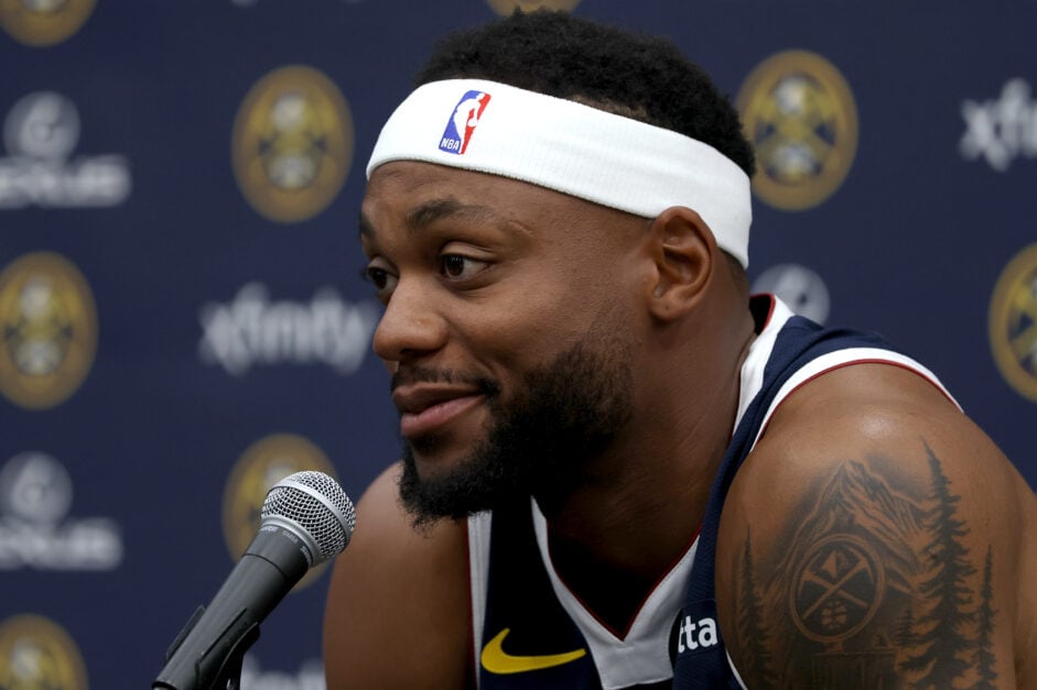 Bruce Brown of the Denver Nuggets fields questions during Media Day at Ball Arena.