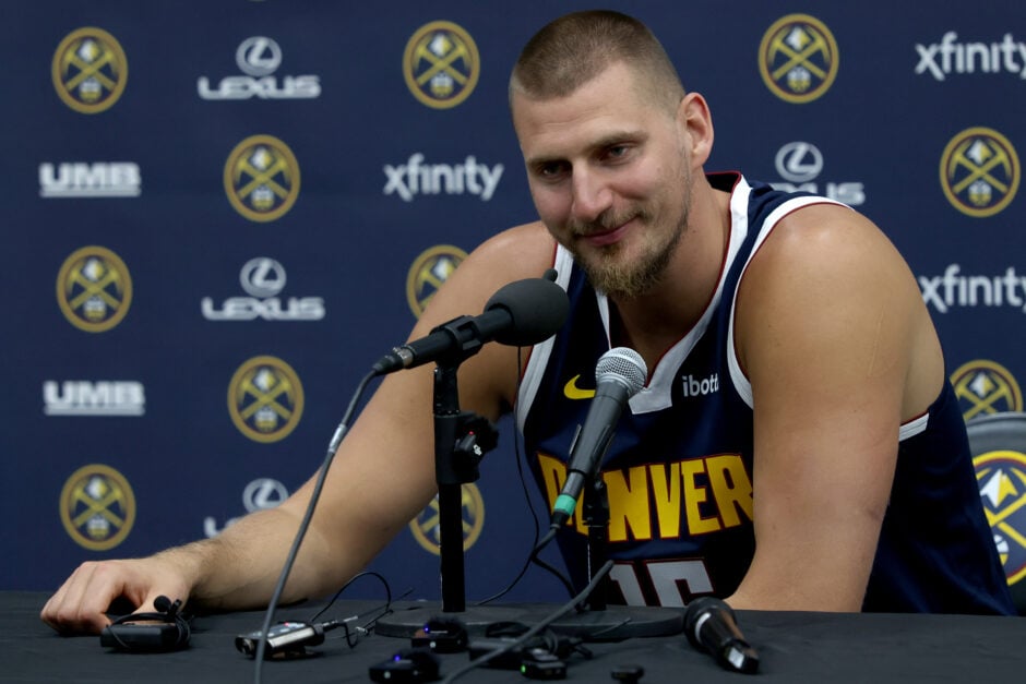 Nikola Jokic of the Denver Nuggets fields questions during Media Day at Ball Arena on September 29, 2025.