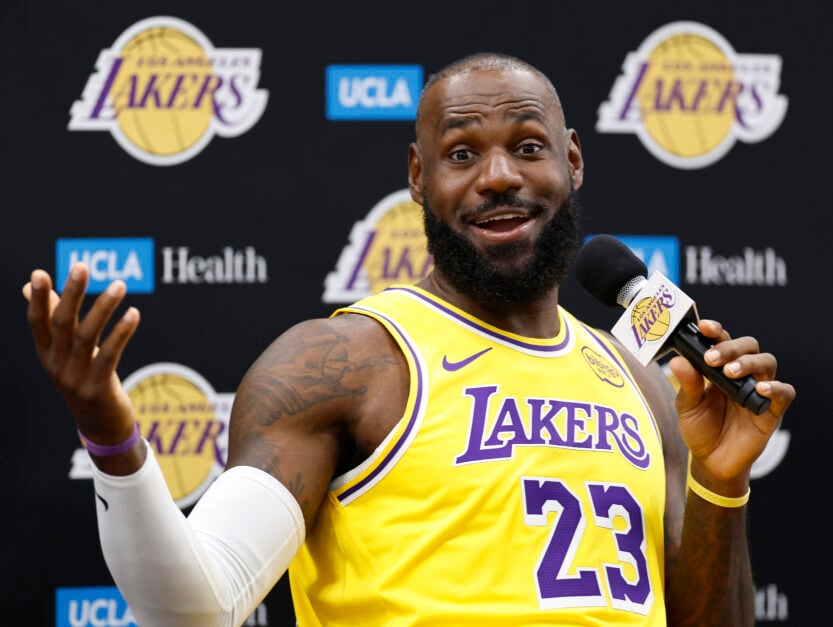 LeBron James #23 of the Los Angeles Lakers speaks with the media during Los Angeles Lakers Media Day at UCLA Health Training Center.