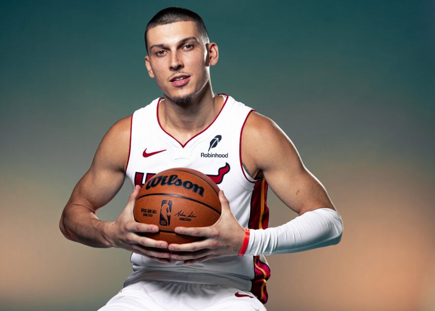Tyler Herro poses at Miami Heat Media Day 2025